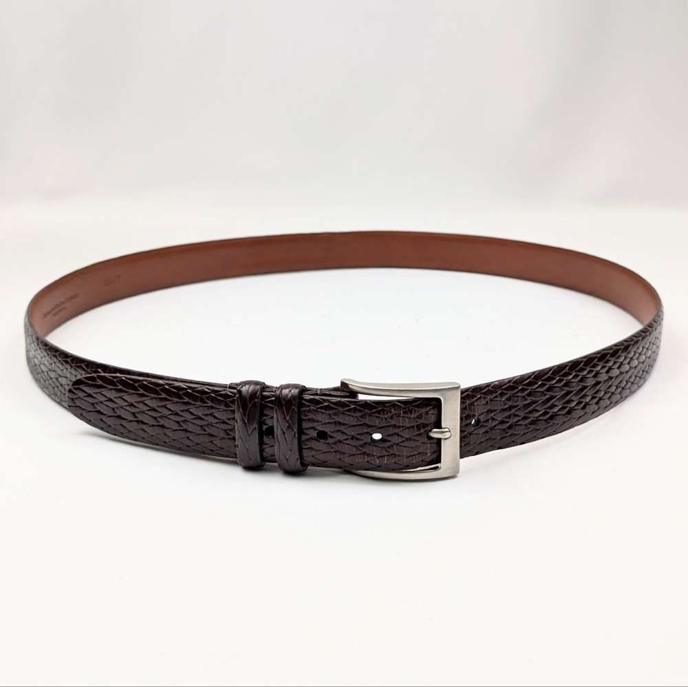 Torino Embossed Leather Belt Woven Texture Silver Buckle Dark Brown size 42